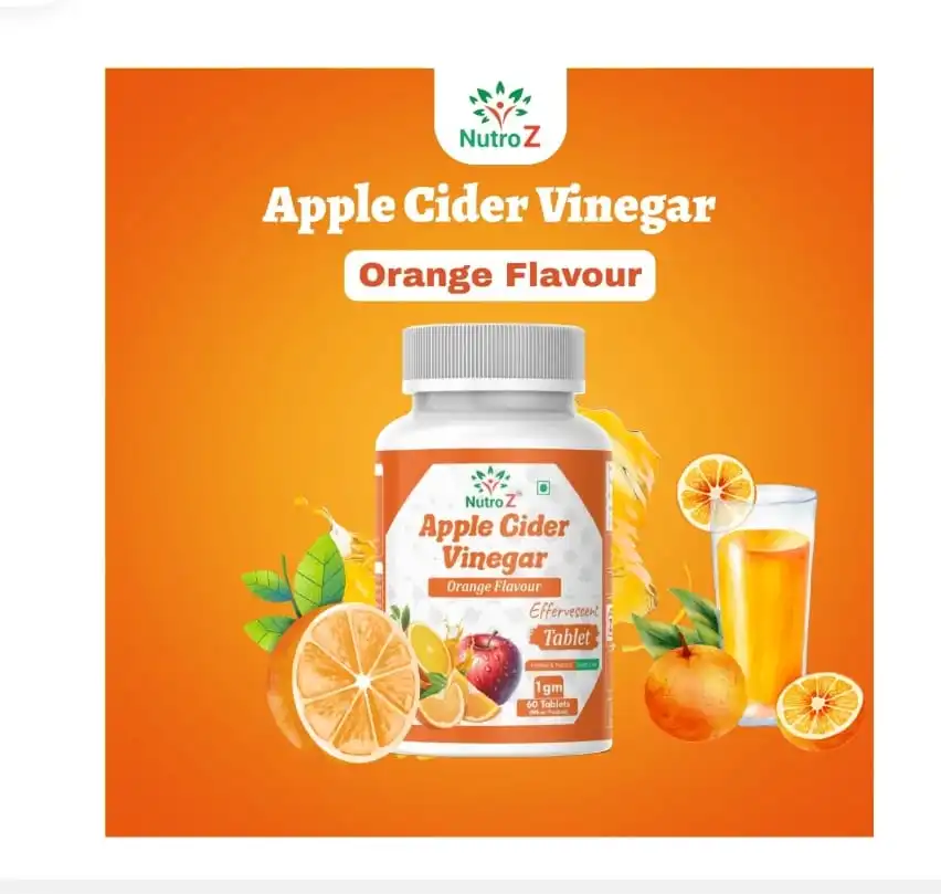 NutroZ Apple Cider Vinegar Effervescent Tablets – Orange Flavor with Amla & Pomegranate for Weight Management & Digestion (60 Tablets)